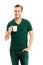 Young man in green casual clothing, with blank cup of coffee, with copy space area