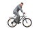 Young man in grey business suit on bike