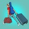 a young man with a guitar is a traveler flying on tour, luggage at the airport. Creative trip