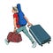 a young man with a guitar is a traveler flying on tour, luggage at the airport. Creative trip