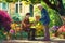 A young man handing a gift box to his elderly father in their garden, colorful flowers blooming, AI generated