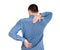 Young man having back pain. on white