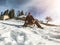 Young man having fun with wood vintage sledding on snow mountain landscape with chalet in background - Happy guy enjoy winter