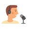 Young man with headphone and microphone record a podcast vector illustration.