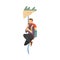 Young Man with Hiking Backpack Climbing the Mountain Using the Rope Vector Illustration