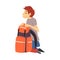 Young Man with Hiking Backpack Going to Put Up Tent Vector Illustration