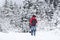 Young man hiking in wintry forest landscape