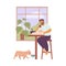 Young man and his dog eat breakfast or lunch in kitchen a vector illustration