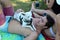 Young man and his dog at Scott Lake, Oregon.