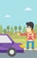 Young man hitchhiking vector illustration.