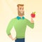 Young man holding an apple vector illustration.