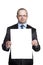 Young man holding a blank sheet of paper vertical