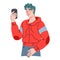 Young man holding cellphone in hands, cartoon flat vector illustration isolated