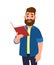 Young man holding/reading a book and smiling. Education and teaching concept. Human emotion and body language concept illustration