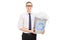 Young man holding a recycle bin full of shredded paper