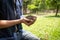 The young man holding the seeding tree to plant