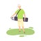 Young Man Holding Sports Bag with Golf Clubs, Male Golfer Player Standing on Course, Outdoor Sport or Hobby Vector