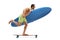 Young man holding a surfing board and riding a longboard