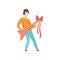 Young man holding wrapped electric guitar with red ribbon bow, people celebrating holiday concept vector Illustration on