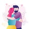 Young man hugged his girlfriend. Colorful portrait of loving couple. Female and male character hugging