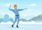 Young Man Ice Skating on Rink with Mountain Background Scene Vector Illustration