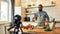 Young man, Italian cook in apron looking at camera, filming himself for culinary blog while preparing healthy meal with