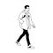 Young man in jacket, jeans and sneakers walking. Side view. Monochrome vector illustration of sprty man taking a walk in