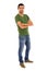 Young man jeans green t-shirt standing crossing