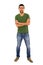 Young man jeans green t-shirt standing crossing