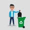 Young man in jeans and sweatshirt throwing a black trash bag in a green recycle bin.