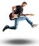 Young man jumping with electric guitar