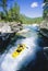 Young man kayaking in river