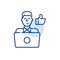 Young man at laptop giving thumbs up. Pixel perfect, editable stroke line icon