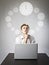 Young man with laptop. Man in white and clock. Workday