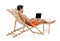 Young man with laptop on sun lounger against white . Beach accessories