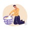 Young man with laundry basket Laundromat, household scene. Concept of cleaning. Flat cartoon vector illustrtion, trendy