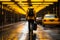 young man with luggage walks along the road next to a taxi generative ai