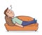 Young man lying on a sandy-colored couch takes a nap. Guy sleeping on a sofa. Cartoon character vector illustration