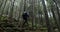 A young man in a mountain hiking with a backpack among the trees