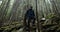 A young man in a mountain hiking with a backpack among the trees