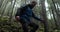 A young man in a mountain hiking with a backpack among the trees