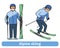 A young man with mountain ski, standing and in motion. Alpine skiing, extreme winter sport, active recreation. Vector