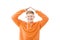 Young man in orange hoody isolated on white background