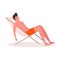 The young man in orange shorts sits on the chaise-longue chair and relaxing. Vector colorful illustration in cartoon