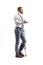 Young man with an orthopedic boot and cervical collar standing with a crutch and talking