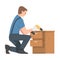 Young Man in Overall with Drill Assembling and Installing Wooden Furniture Vector Illustration