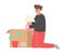 Young Man Packing or Unpacking Belongings in Cardboard Box, Guy Relocating to New Home Vector Illustration