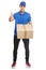 Young man parcel delivery service box package order delivering success successful full body portrait isolated