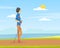 Young Man Performing Nordic Walkingon Beach, People in Sports Outfit Enjoying Walking in Open Air Cartoon Vector