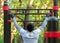 A young man performs a sports exercise pulling on the simulator crossbar. Outdoor training develops the strength of the back